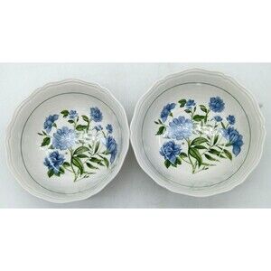 Elderose by Envogue Blue Floral Salad Bowls 7in Porcelain Set of 2 Scalloped New